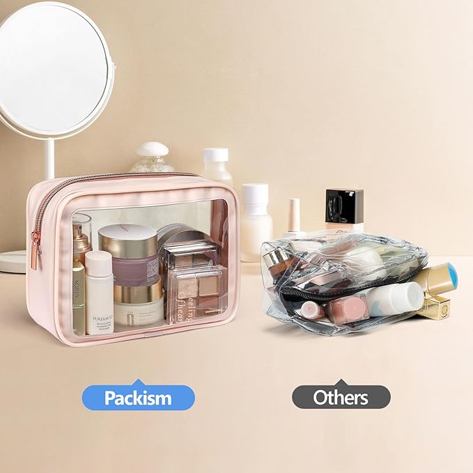PACKISM TSA Approved Toiletry Bag - 2 Pack Upgrade Color-Edged Clear Makeup Bag, Clear Toiletry Bag For Traveling Fits Various Storage Needs, Pink (2 Sizes)