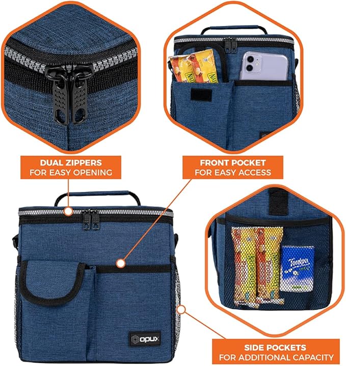 opux Insulated Lunch Bag for Men Women, Leakproof Heather Navy Lunch Box for Work, Portable Soft Lunch Cooler Bag with Shoulder Strap, Adult Lunchbox Lunch Pail for Kid Boy Girl School, 18 Can/10L