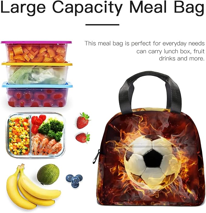 Giwawa Soccer Lunch Bag for Kids, Fire Sport Ball Insulated Reusable Lunch Box, 3D Football Print Thermal Cooler Lunch Tote Bag for Boys Girls School Men Women Office Picnic