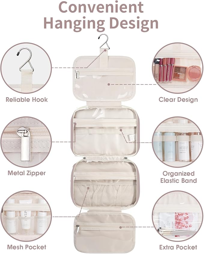 Narwey Hanging Toiletry Bag for Women Travel Makeup Bag Organizer Toiletries Bag for Travel Size Essentials Accessories Cosmetics (Dusty Rose (Medium))