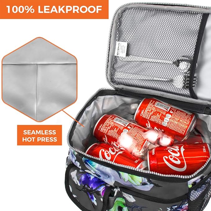 opux Insulated Lunch Bag for Men Women, Leakproof Floral Grey Lunch Box for Work, Portable Soft Lunch Cooler Bag with Shoulder Strap, Adult Lunchbox Lunch Pail for Kid Boy Girl School, 14 Can/8L