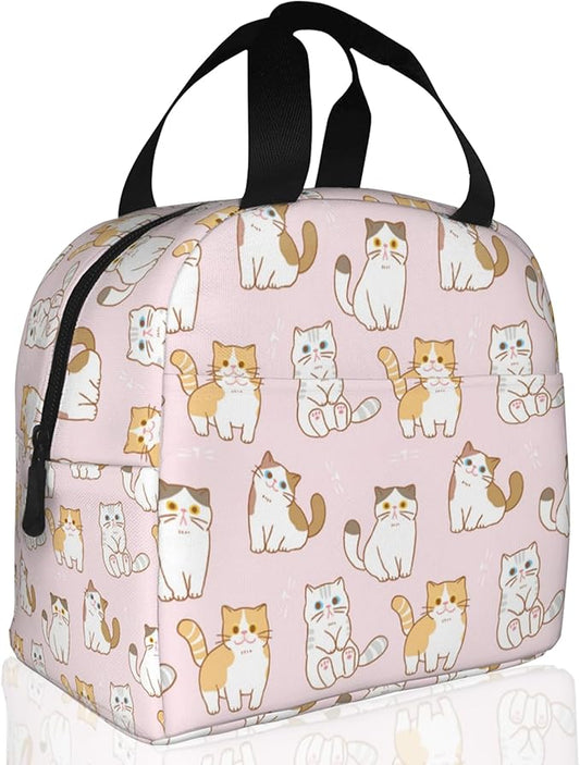 Cute Cartoon Cat Pink Lunch Box,Insulated Lunch Bag for Girls Boys,Reusable Lunch Box for Kids Adults School Student Work Picnic Travel