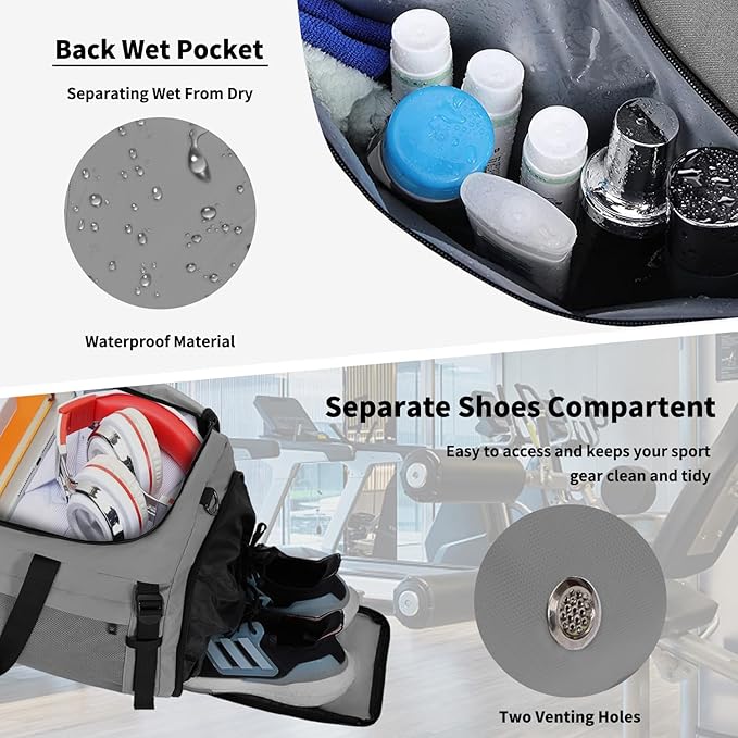 Eackrola Extra Large Sports Gym Bag, Travel Duffel bag with Wet Pocket & Shoes Compartment for men women, 85L, Lightweight （Light Gray）