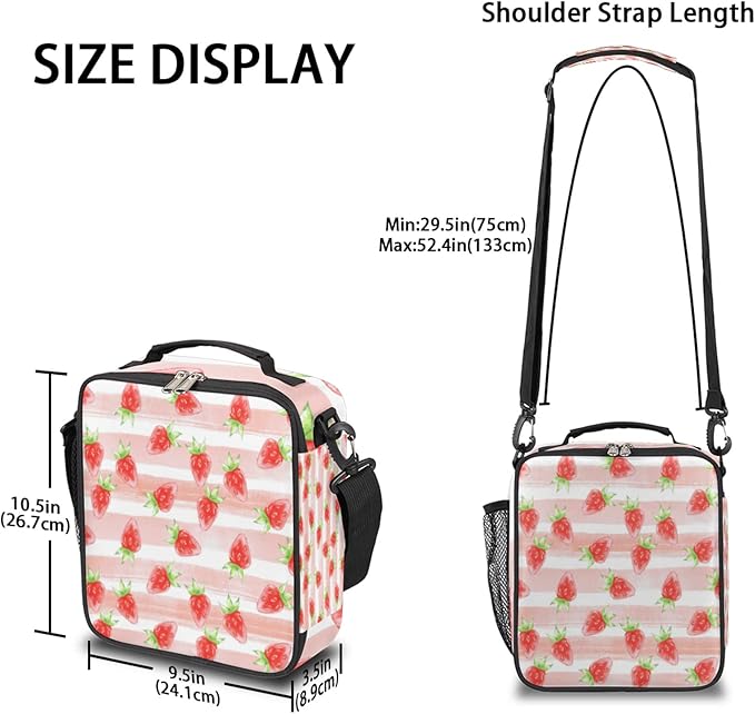 Fruit Strawberry Insulated Lunch Bag Girls,Kids Thermal Meal Cute Pink Stripe Reusable Lunch Box Children Waterproof Back to School Picnic