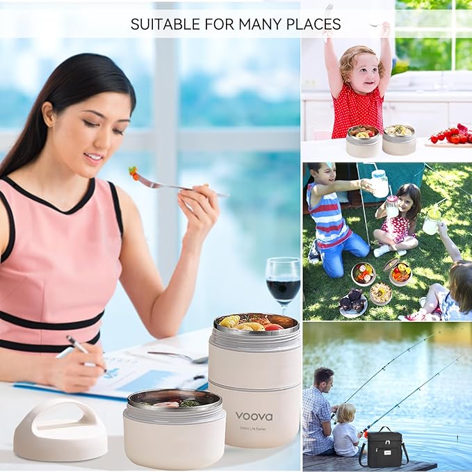 Voova Stackable Stainless Steel Thermal Lunch Box with Lunch Bag and Cultery Set for Adult Women Men, 3 Tier Leakproof All-in-One Insulated Bento Boxes Food Container for Work, Black