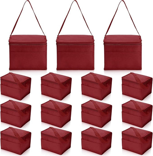 Nuogo 15 Pack Insulated Lunch Bags Bulk, Reusable Cooler Boxes, Leakproof Lunch Boxes Set, Waterproof Thermal Coolers, Insulated Beverage Bag for Women Men Work School Picnic Beach(Wine Red)