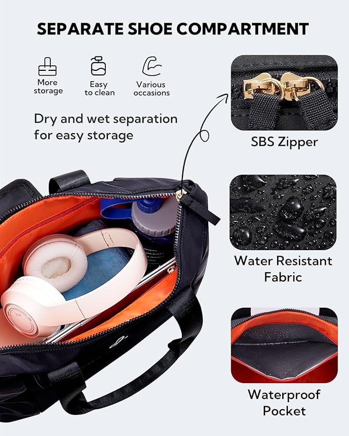 WATERFLY Women's Gym Tote Bag: Lightweight Waterproof Duffel Bag with Compartment Pockets for Woman Carry-on Weekender Overnight Airplane Sports Travel Gym Exercise Duffle Bags