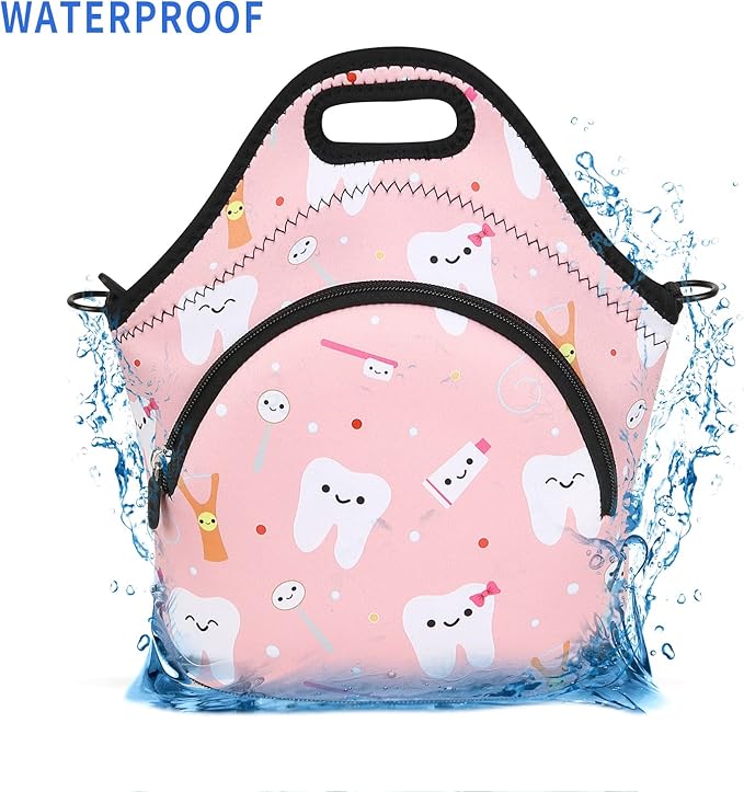 Violet Mist Neoprene Thermal Insulated Lunch Bag Tote for Women, Soft Large with Extra Pocket, Adjustable Shoulder Strap, Pink Teeth