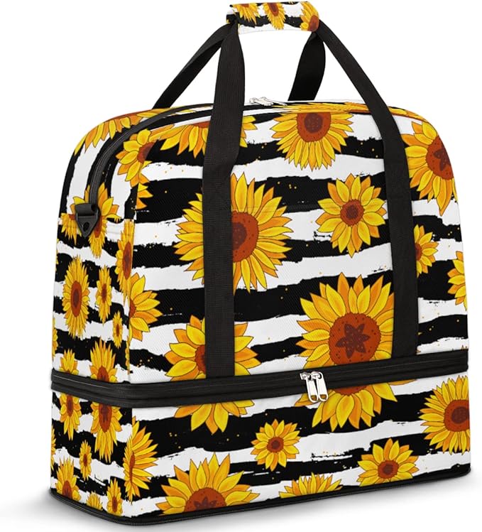 Sunflower Flower Stripe Foldable Travel Duffel Bag Sports Tote Gym Bag With Shoe Compartment For Woman Man Carry On Luggage Overnight Travel Weekend Yoga Workout Bag Training Handbag