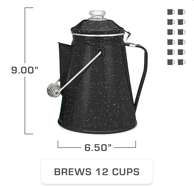 COLETTI Classic Camping Coffee Pot & Mug Set - Percolator Coffee Pot, Enamel Mug Complete Nostalgic Bundle German Imported Enamel Powder [12 oz, Set of 4] (Black)