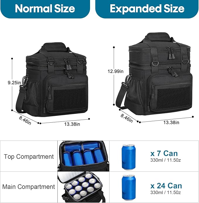 GLENKEY Double Deck Insulated Lunch Box, Expandable XLarge Lunch Bag Leakproof Cooler Bag Lunch Pail for Men Women Adults Work Shifts Travel Daytrip,22L,Black