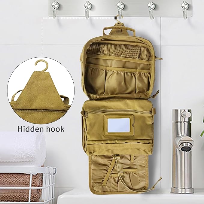 SUNRISING Tactical Toiletry Bag for Men - Hanging Travel Dopp Kit, Shaving Hygiene Organizer, Durable Bathroom Essentials for Short Trips & Camping Khaki（No molle）