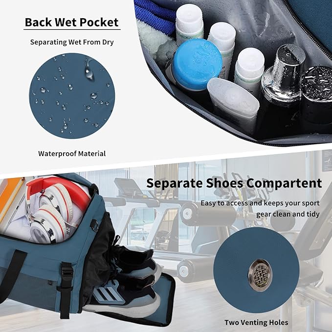 Eackrola Large Sports Gym Bag, Travel Duffel bag with Wet Pocket & Shoes Compartment for men women, 65L, Lightweight（Haze Blue）