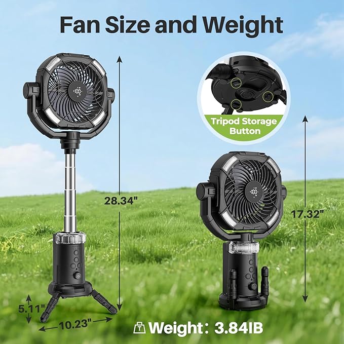 Portable Camping Fan, 20000mAh Rechargeable Fan with Lights, Battery Powered, with Remote &Hook, Height Adjustable, 360° Oscillation, for Outdoor, Tent, Travel, Fishing