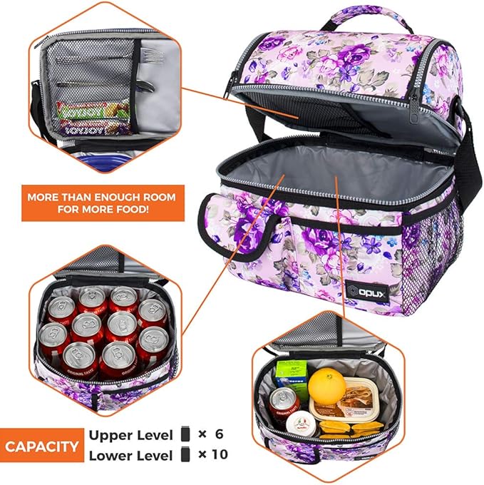 opux Lunch Bag Women Insulated, Adult Lunch Box Cooler, Flower Lunch Box, Dual Compartment Lunchbox for Work, Leakproof Double Decker Lunch Bag, Soft Lunch Pail Tote Girls Kids School, Floral Purple