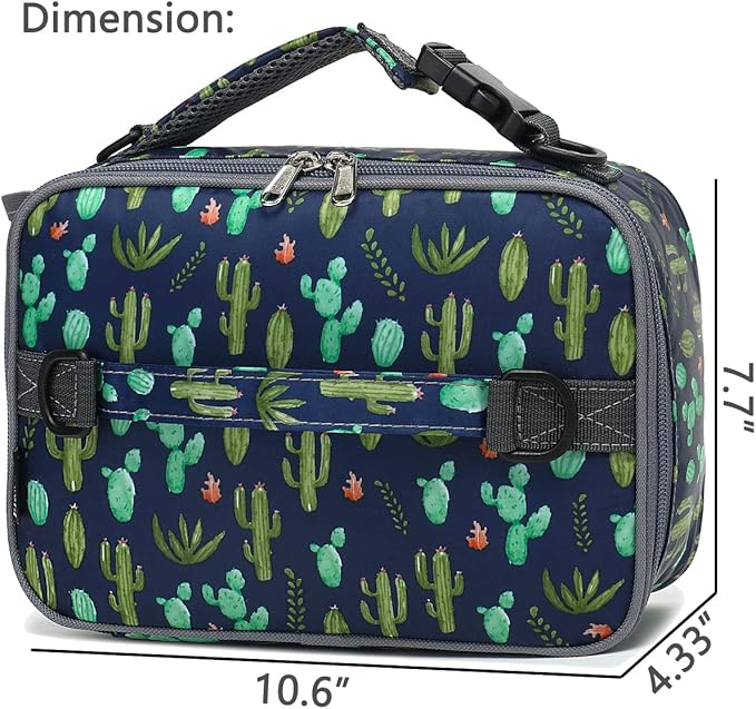 FlowFly Kids Lunch Bag, Durable Insulated School Lunch Box with Shoulder Strap and Bottle Holder, Water-resistant Thermal Small Lunch Cooler Tote for Teen Boys & Girls, Cactus