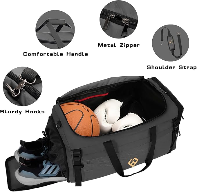 Eackrola Extra Large Sports Gym Bag, Travel Duffel bag with Wet Pocket & Shoes Compartment for men women, 85L, Lightweight （Gray）