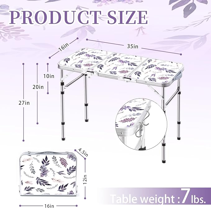 Folding Camping Table 3ft Portable Pinic Table Adjustable Height Small Card Table Aluminum Foldable Lightweight with Carry Handle for Outdoor Indoor Hiking Camp BBQ Beach (Misty Lilac)