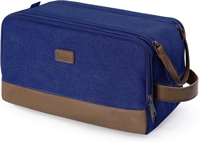 WANDF Toiletry Bag for Men Travel Toiletry Organizer Canvas and Leather Dopp Kit Water-Resistant Shaving Bag for Travel Accessories (Blue, Patent Pending)