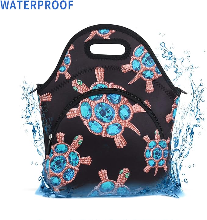 Violet Mist Neoprene Lunch Bag, Gem Turtle, Reusable Insulated Food Carrier, Adjustable Shoulder Strap, 12.6"L x 11.8"H x 6.8"W