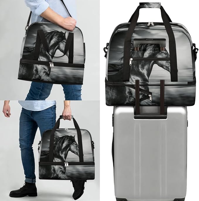 Horse Foldable Travel Duffel Bag, Expandable Sports Gym Bag with Shoes Compartment Weekender Overnight Totes Bags for Women Men