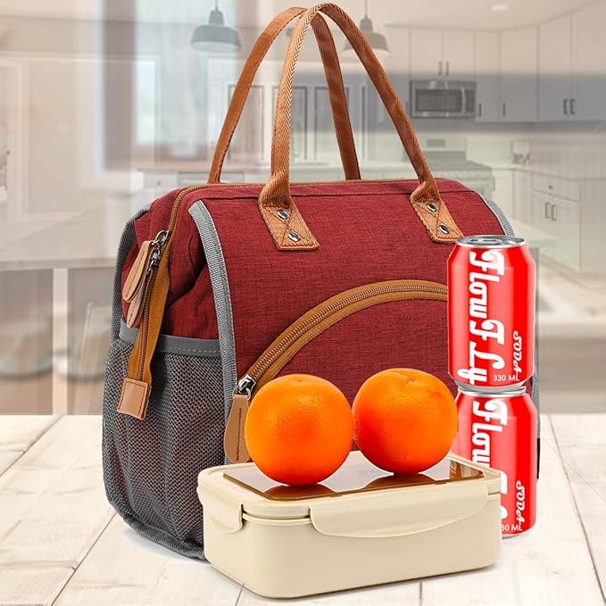 FlowFly Insulated Lunch Bag for Women, Men, and Kids, Large and Reusable, Handle, Work and School Travel Tote and Meal Prep Organizer, Red