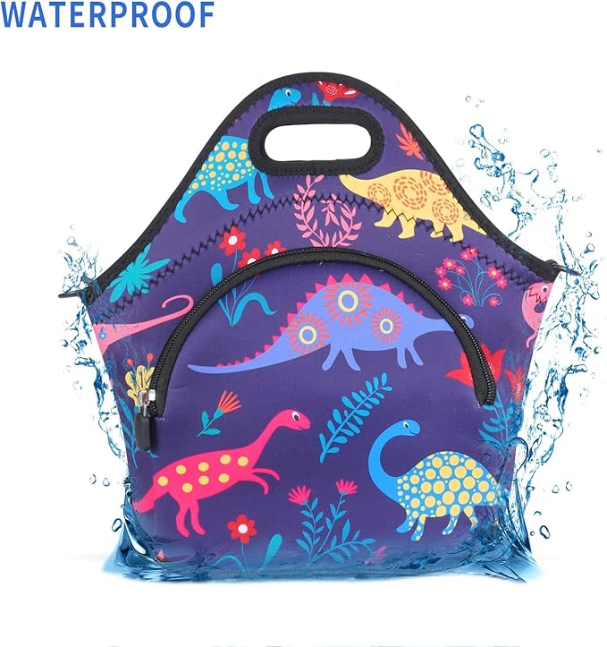 Violet Mist Neoprene Lunch Bag Reusable Insulated Lunch Box with Adjustable Shoulder Strap&Pocket for Women,Men,Adults,Cute Cartoon Dinosaur Snack Bags Blue Anime Work Picnic Travel Tote Food Handbags