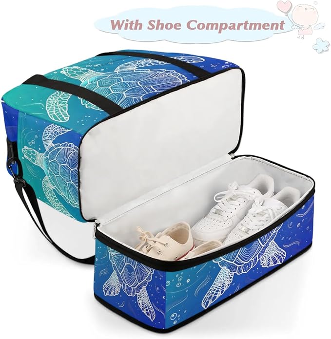 cfpolar Woman Travel Duffel Bag Ocean Turtle Foldable Tote Carry On Luggage Sports Gym Bag With Shoe Compartment Overnight Weekend Yoga Workout Bag Training Handbag