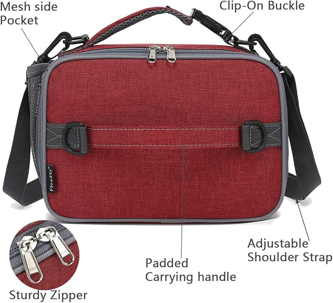 FlowFly Kids Lunch Bag, Durable Insulated School Lunch Box with Shoulder Strap and Bottle Holder, Water-resistant Thermal Small Lunch Cooler Tote for Teen Boys & Girls,Red