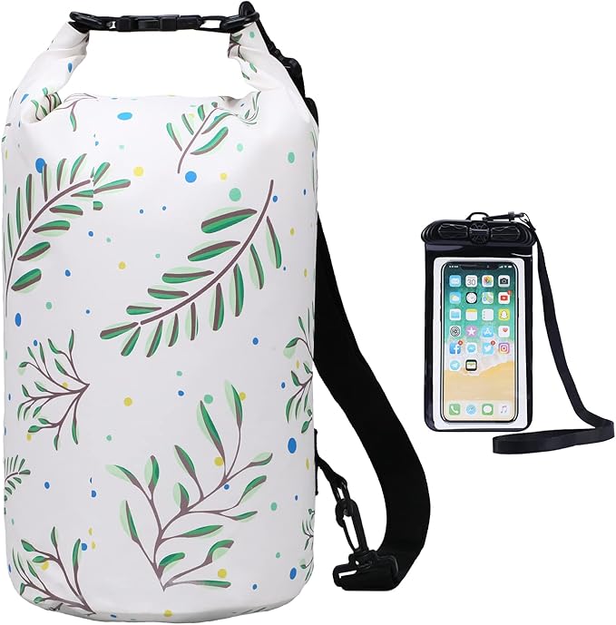 Haimont Waterproof Dry Bag Floating Dry Sack Roll Top Drybag Backpack for Kayaking, Rafting, Boating, Fishing with IPX8 Waterproof Phone Case, Palm Leaves, 20L