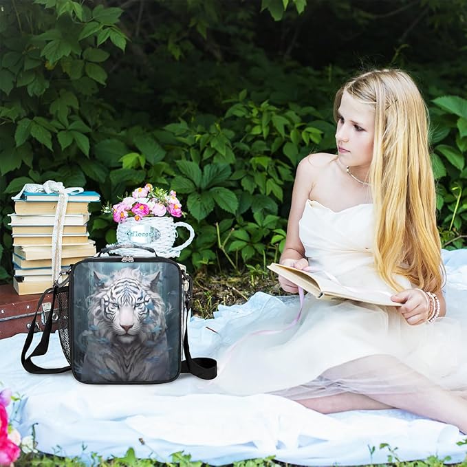 Animal Lunch Box for Kids, Watercolor White Tiger Lunch Bag for Boys Girls, Reusable Insulated Waterproof Lunch Box with Adjustable Shoulder Strap Thermal Cooler Tote Bag for School Daycare Picnic