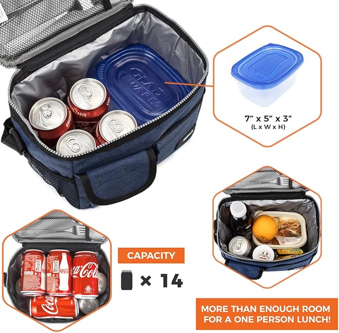 opux Insulated Lunch Bag for Men Women, Leakproof Heather Navy Lunch Box for Work, Portable Soft Lunch Cooler Bag with Shoulder Strap, Adult Lunchbox Lunch Pail for Kid Boy Girl School, 14 Can/8L