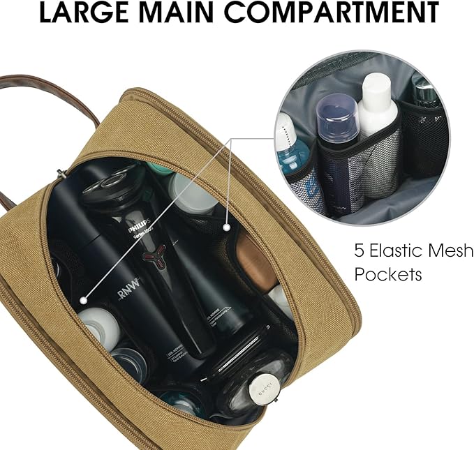 WANDF Travel Toiletry Bag for Men Large Toiletries Shaving Bag Water Resistant Hanging Dopp Kit Travel Accessories Bag for Women Men (Khaki)