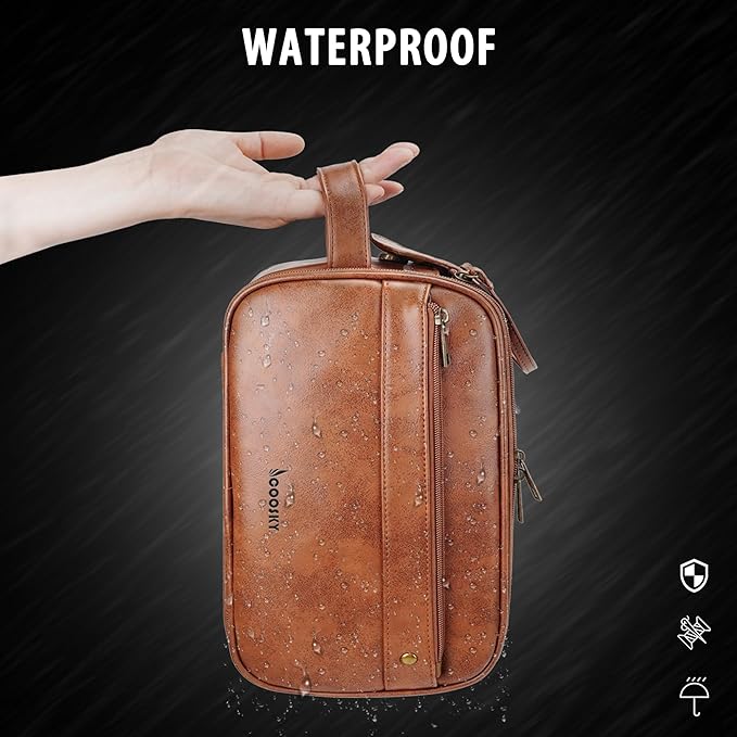 Travel Toiletry Bag for Men, Large Hanging Toiletries Organizer Bags, Cruise Ship Essentials, Water-resistant Shaving Case, PU Leather Makeup Accessories, Cosmetic Dopp Kit, Brown