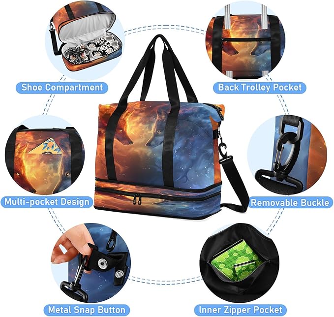 A Wolf Composed Of Starry Sky Travel Duffel Bag Waterproof Gym Sport Tote Bag Carry On Weekender Bag with Compartment