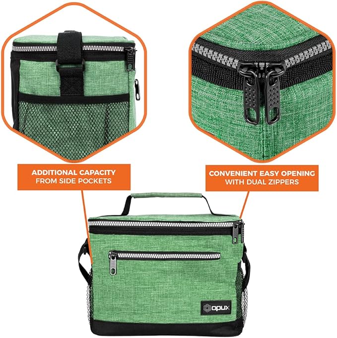 opux Insulated Lunch Box Men Women, Lunch Bag for Work School, Leakproof Soft Cooler Tote Adult, Large Lunch Pail Kids Boys Girls, Picnic Beach Food Bag with Shoulder Strap, Heather Green
