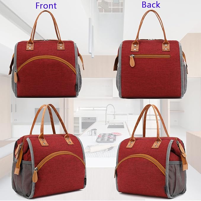 FlowFly Insulated Lunch Bag for Women, Men, and Kids, Large and Reusable, Handle, Work and School Travel Tote and Meal Prep Organizer, Red