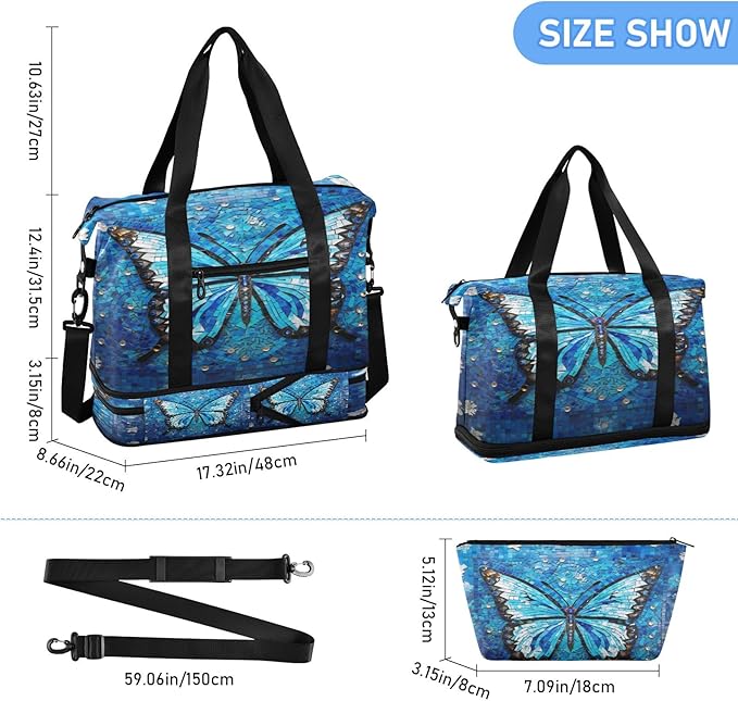 Blue Dream Butterfly Travel Duffel Bag Waterproof Gym Sport Tote Bag Carry On Weekender Bag with Compartment