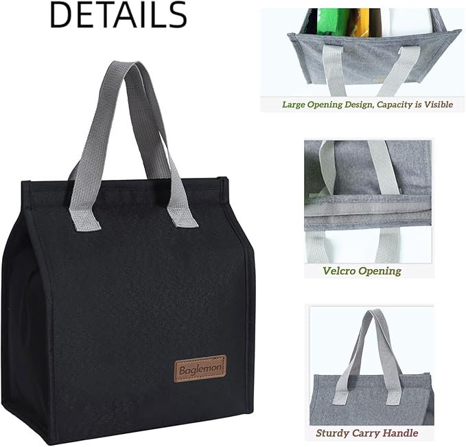 Lunch bag, Insulated Lunch Bag for Women Men, Lunch Containers Reusable Lunch Tote Bags for Work, Travel, Outdoor (Black)