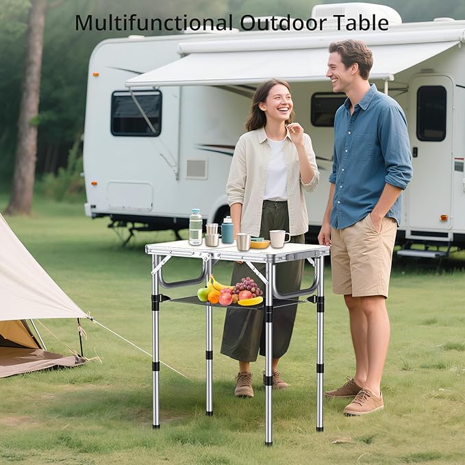 Folding Camping Table, Aluminum 24" x 16" Adjustable Height Small Folding Table with Carrying Handle, Lightweight, Portable Camping Table Waterproof for Outdoor Indoor Picnic Beach BBQ, Silver