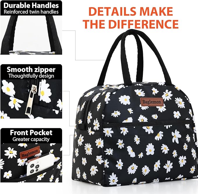 Insulated Lunch Bag for Women Men, Lunch Containers Reusable High Capacity Lunch Tote Bags for for Work Picnic(Black Daisy)