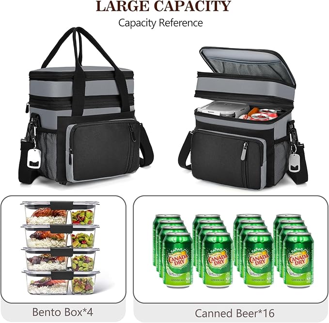 Lunch Box & Lunch Bag for Men Women, Large Insulated Adult Lunch Box, Leakproof Cooler Lunchbox with Bottle Opener for Work Picnic Beach, 16L, Gray