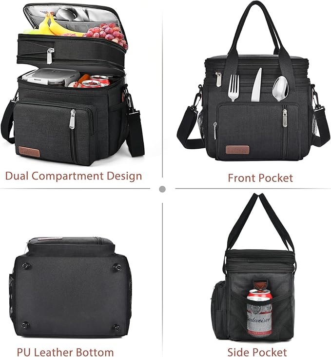LOKASS Lunch Bag for Women/Men Work, 16L Expandable Double Deck Lunch box, Waterproof Leak-proof Cooler Bag, Portable Meal Prep Lunchbag with Adjustable Shoulder Strap-Black