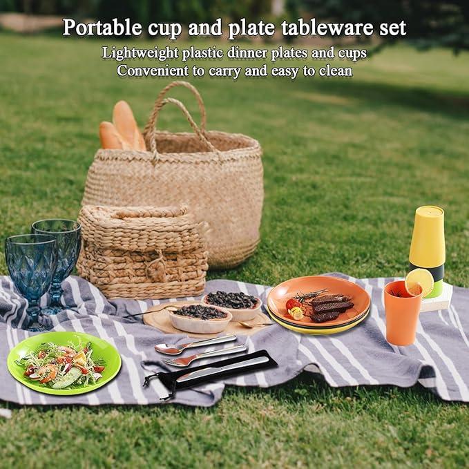 Evanda Camping Cutlery Set, Reusable Light Weight Mug, Plate and Stainless Steel Cutlery Set with Black Bag, Dishwasher Safe