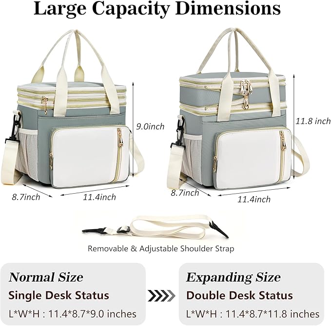 Lunch Box & Lunch Bag for Women Men, Large Insulated Adult Lunch Box Leakproof Lunchbox Cooler Bag for Work Picnic Beach,16L, Olive Green & White