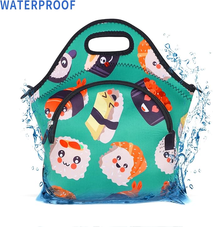 Violet Mist Women's Neoprene Insulated Lunch Bag Thermal Resealable Lunch Bag Tote Large with Extra Pocket Detachable Adjustable Shoulder Strap, Eye Sushi