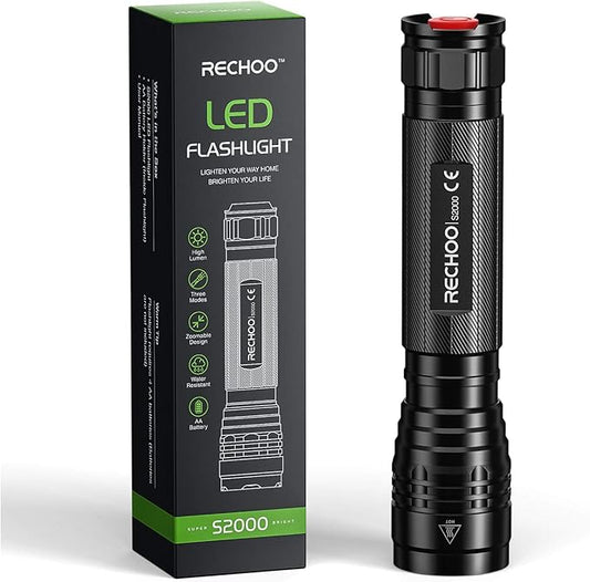 RECHOO S2000 LED Flashlight High Lumens, Super Bright, Powerful, Mid-Size Tactical Flashlight with 3 Modes, Zoomable, Water Resistant Flashlights for Home, Emergencies, Camping, Outdoor Use