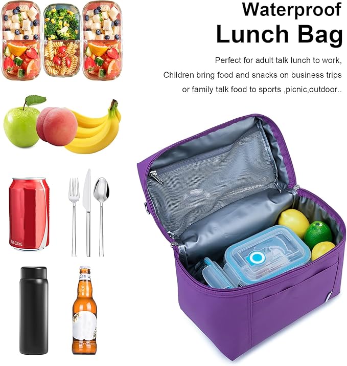 NOL Natural Organic Lifestyle Insulated Lunch Bags for Women Cooler Bag Lightweight Nylon Waterproof Lunch Box For Work (Purple Medium(normal))