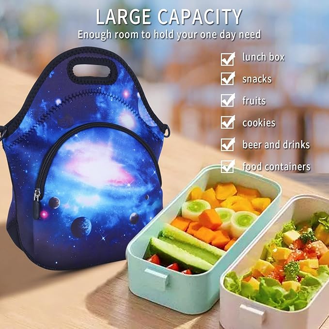 Violet Mist Womens Neoprene Insulated Galaxy Space lunch Bag Lunch Tote Bag Thermal Lunch Box with Extra Pocket Detachable Adjustable Shoulder Lunchbox Food Handbags Gift for Women Men Blue Star Sky