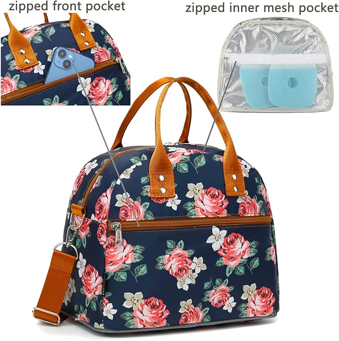 FlowFly Insulated Lunch Bag With Shoulder Strap for Women, Men, and Kids, Large and Reusable, Handle, Freezable Work and School Travel Tote and Meal Prep Organizer,Peony